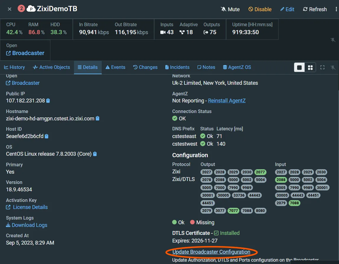 Screenshot of Update broadcaster configuration buttton