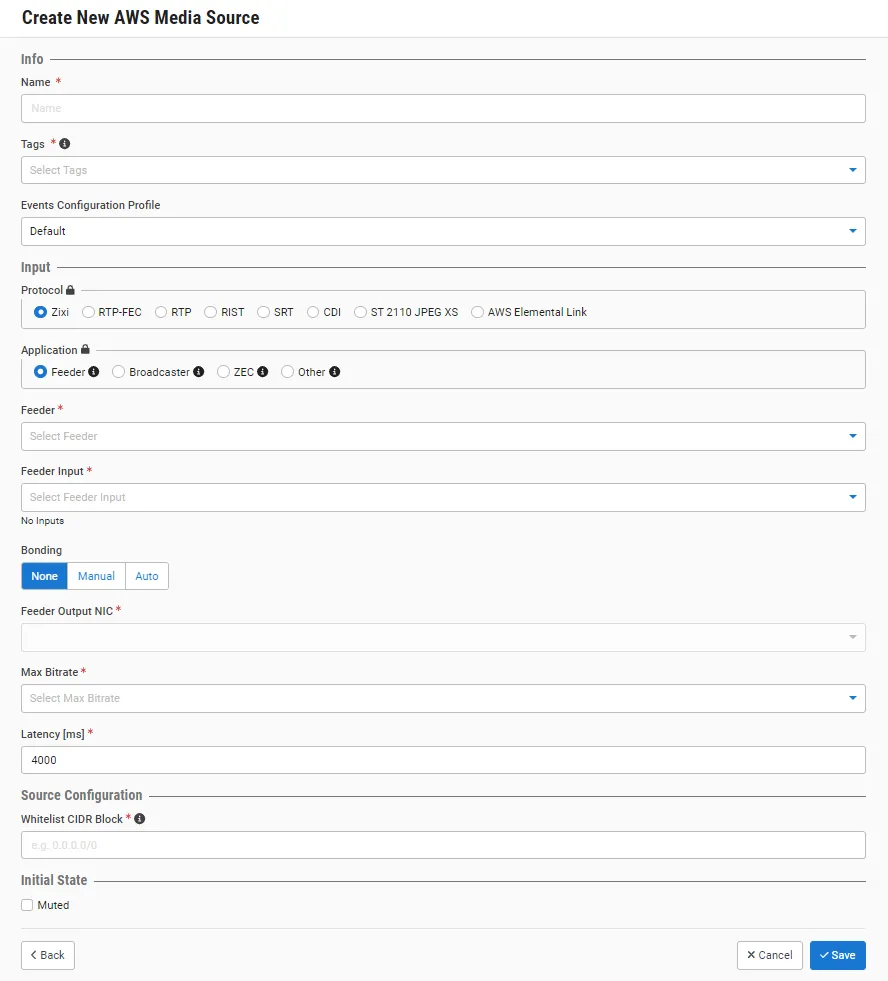 Create New AWS Media Source window Create New AWS Media Source window