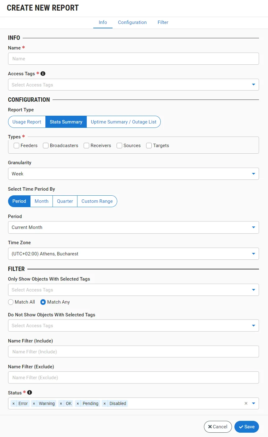 Create New Report window Create New Report window