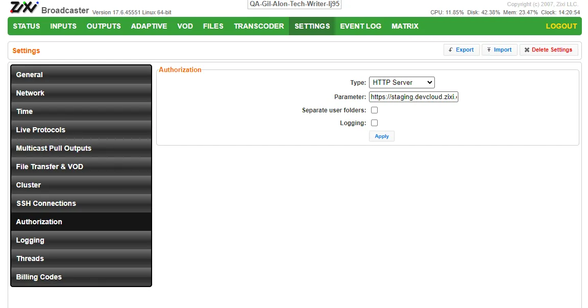 Authorization Settings for Inputs and Outputs