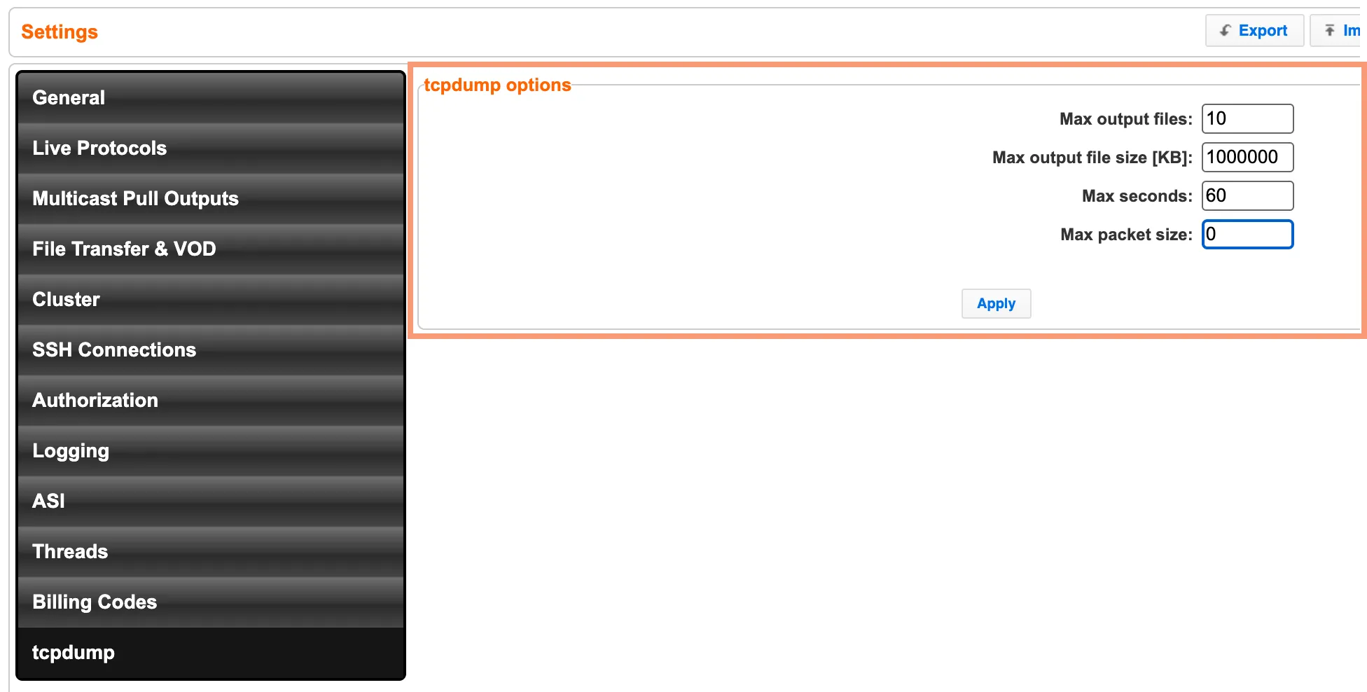 TCPDump Settings TCPDump Settings