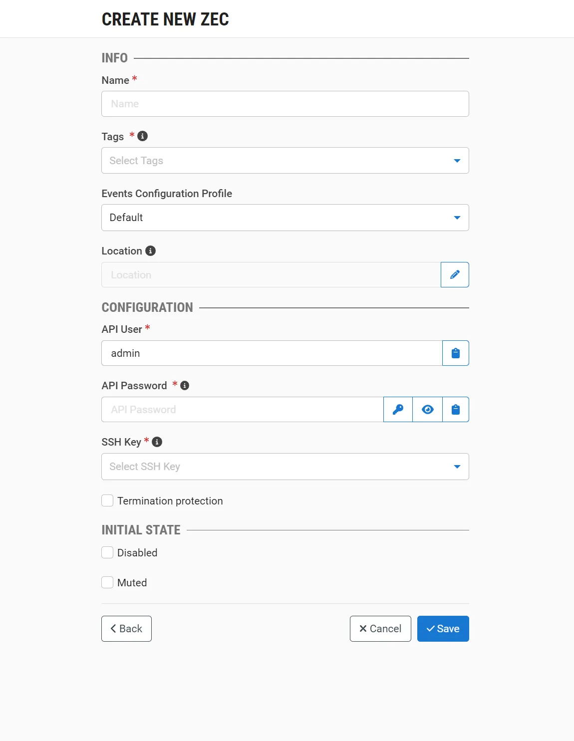 Create New ZEC screen