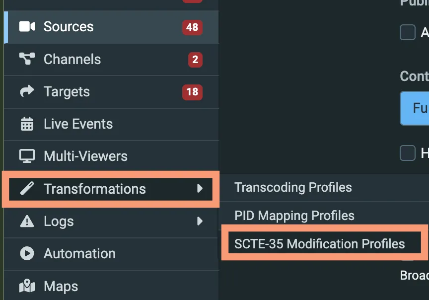 Navigate to SCTE-35 Modification Profiles