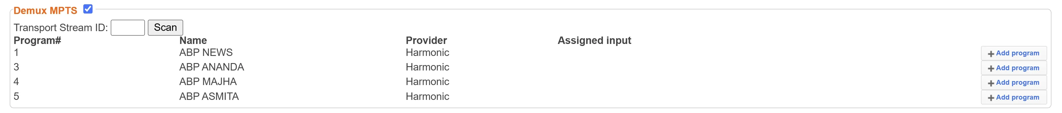 Program list from MPTS