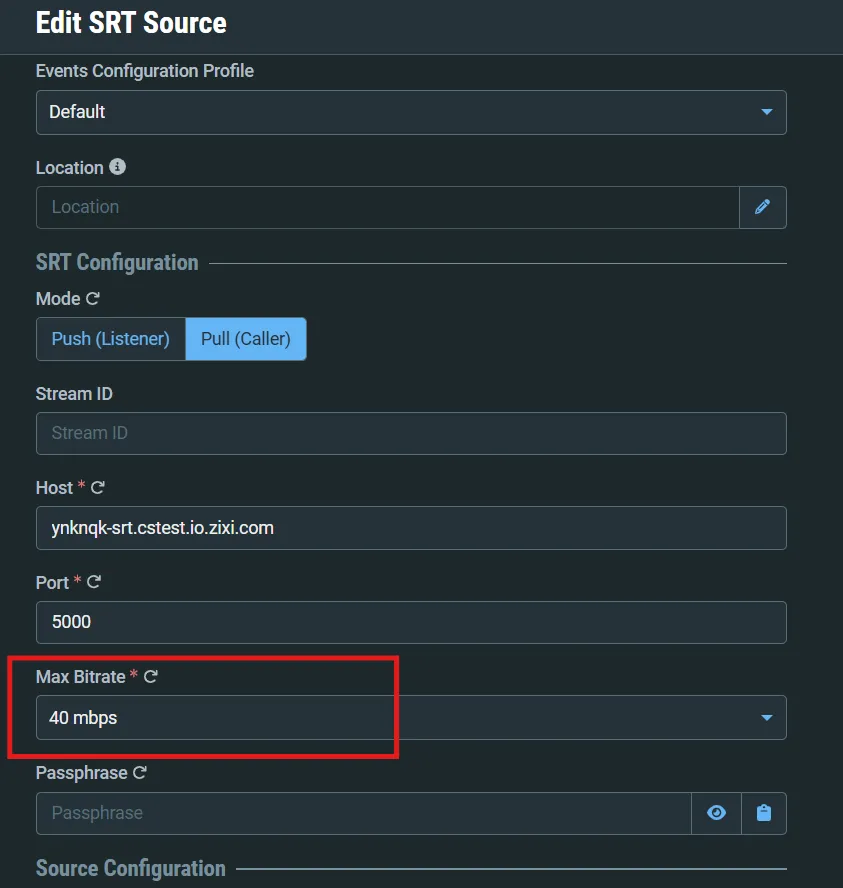 Source configuration window showing max bitrate setting