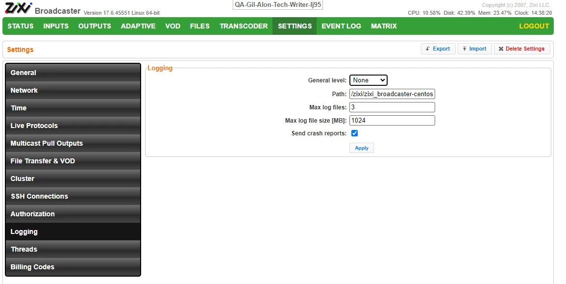 Logging Settings