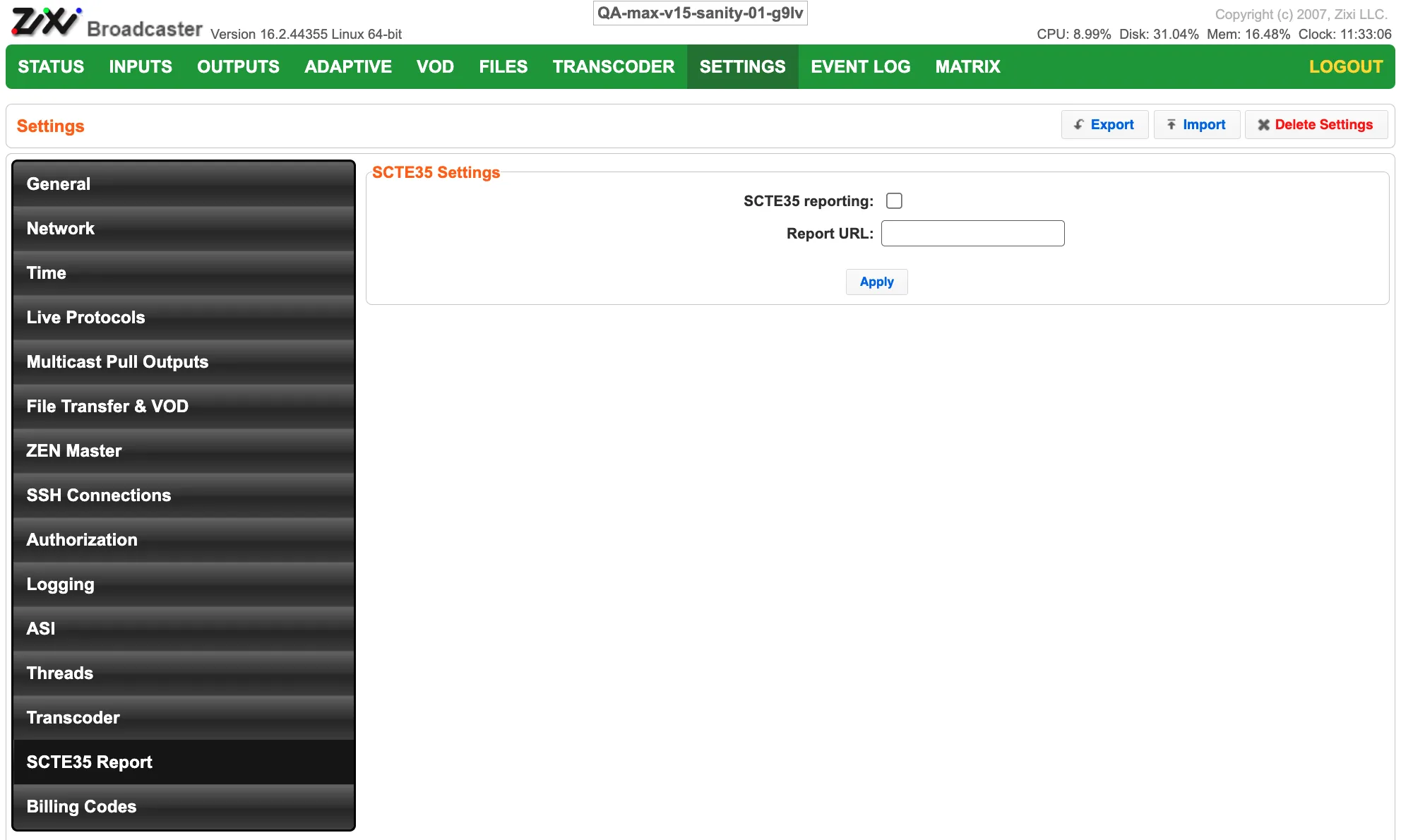 SCTE35 Report Settings SCTE35 Report Settings