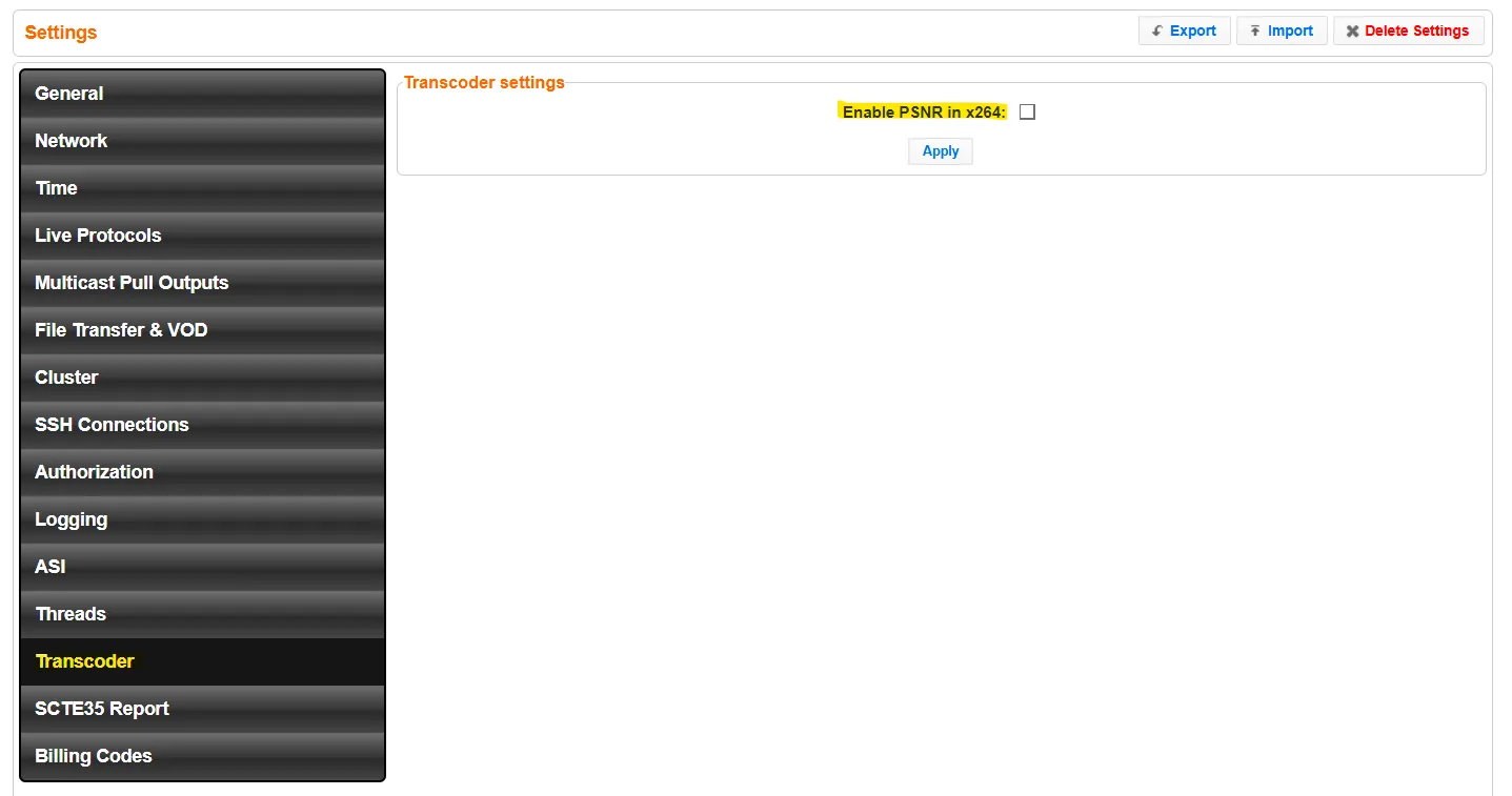 Transcoder Settings Transcoder Settings