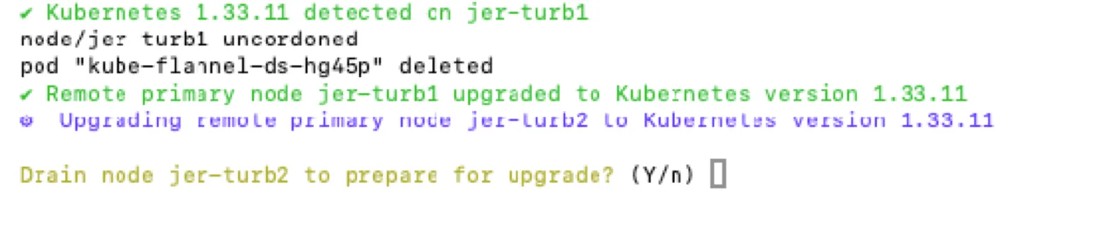 node-1 confirms jer-turb1 is upgraded and prompts to drain jer-turb2