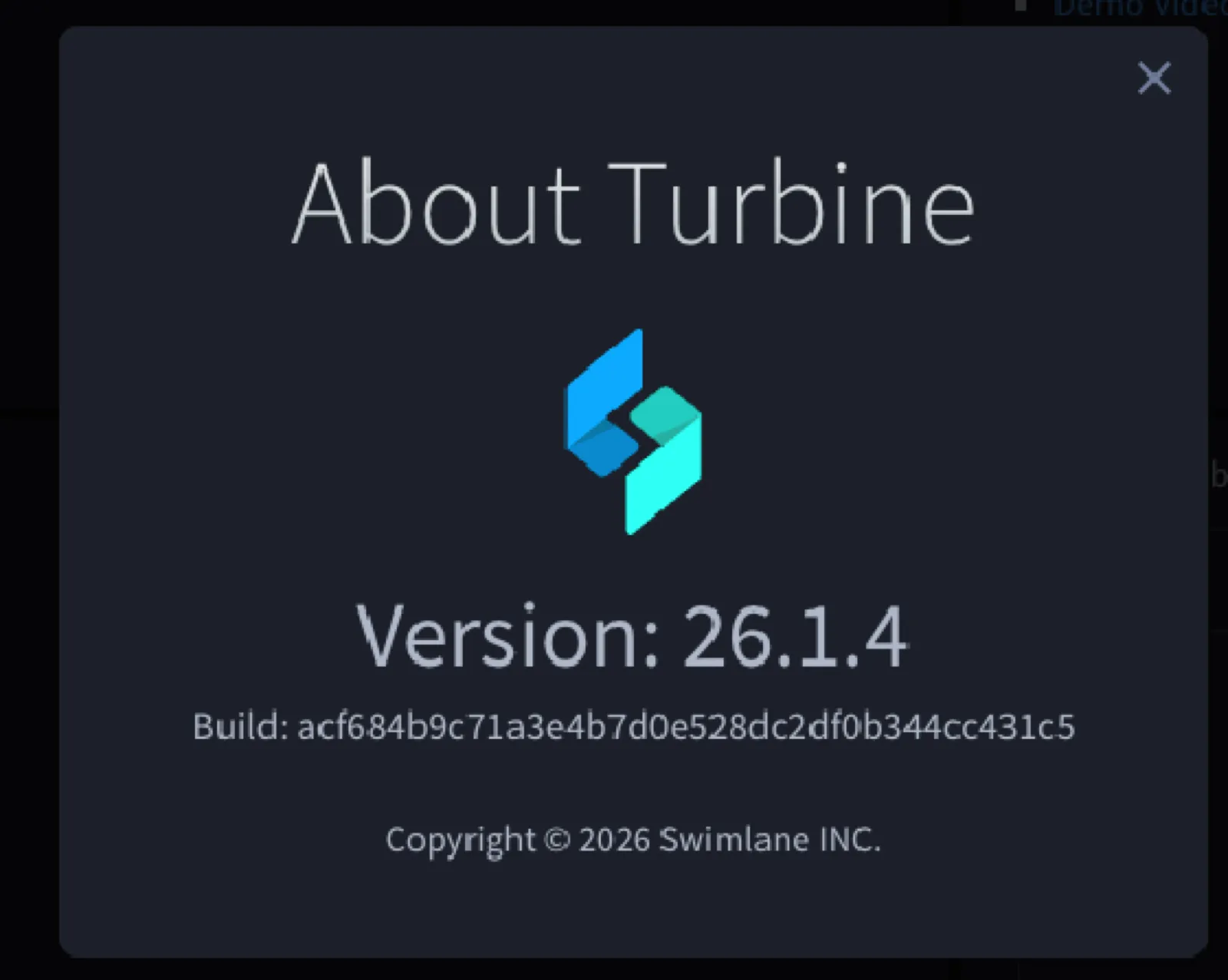 About Turbine dialog showing Version 26.1.4