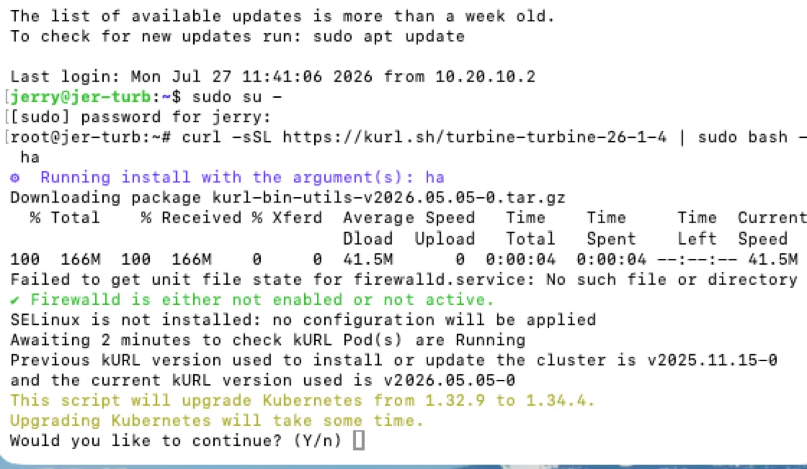 Installer startup — checks firewall/SELinux/swap and confirms the Kubernetes 1.32.9 to 1.34.4 upgrade path