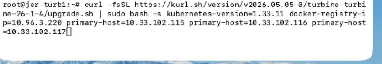 The upgrade script pasted and running in the node-2 (jer-turb1) terminal