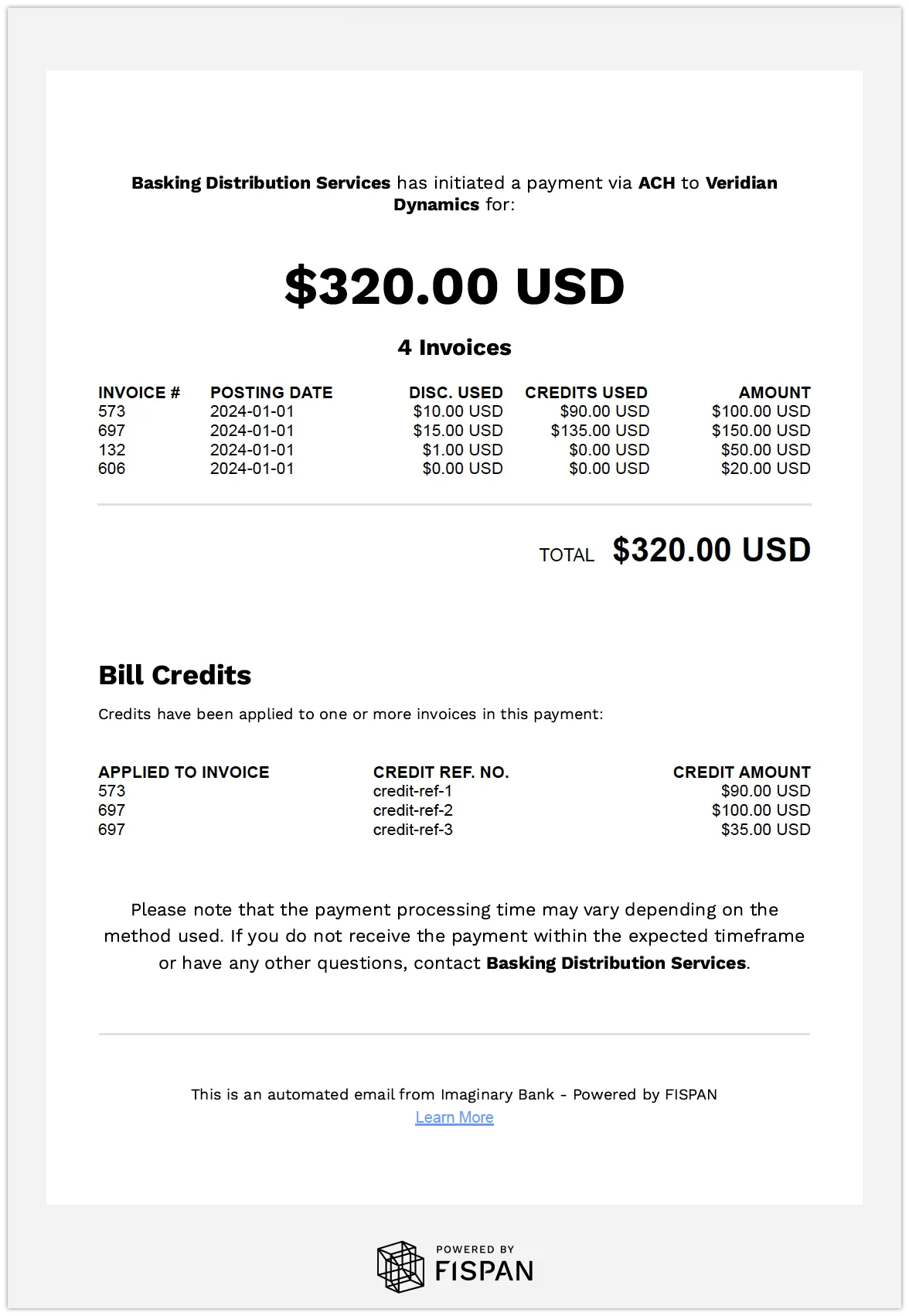 A sample remittance email. Exact template may vary.