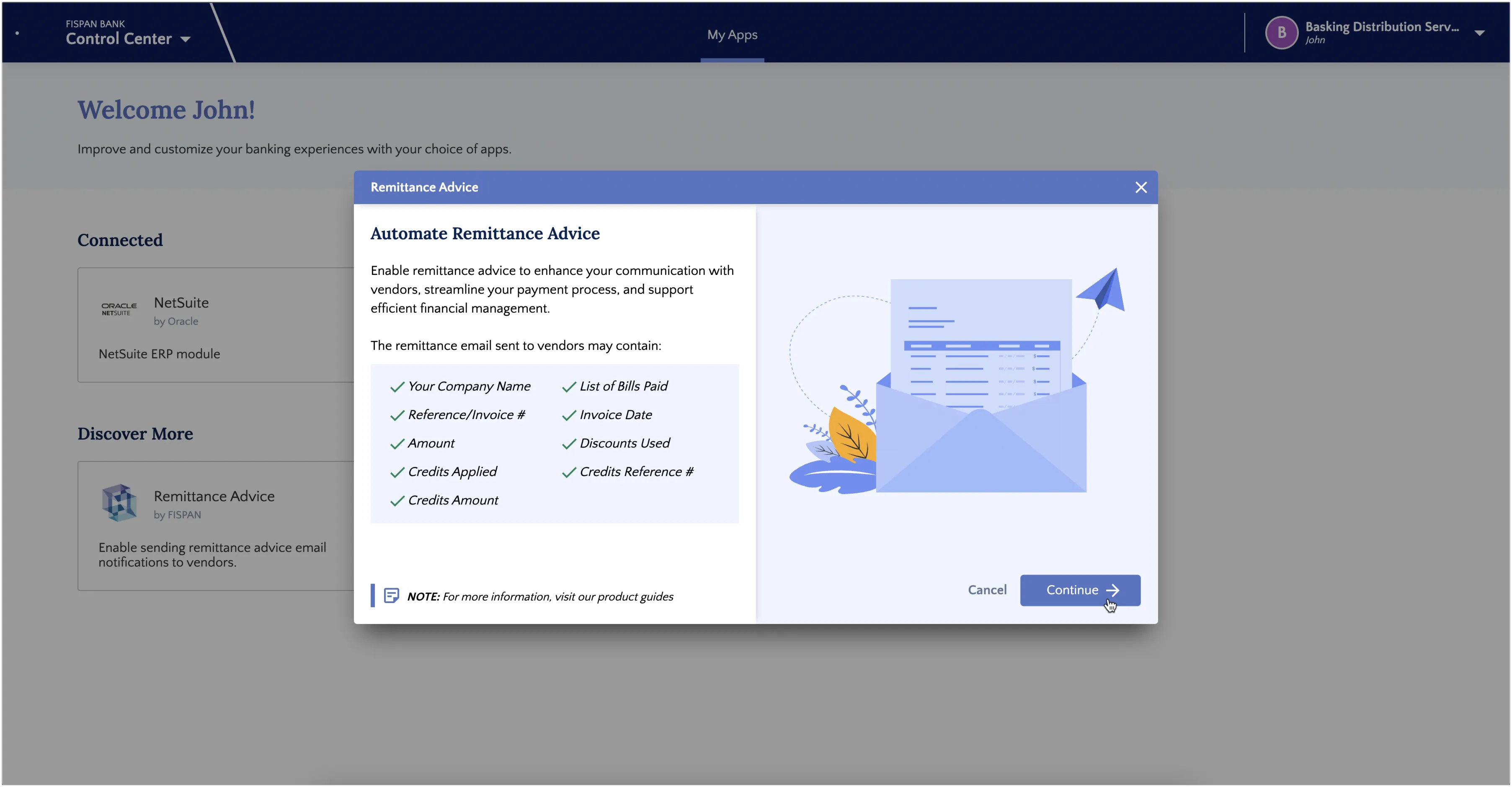 The Continue button will proceed you to the final steps of enabling Remittance Advice!
