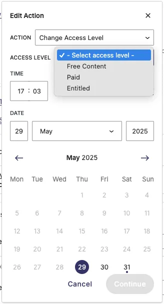 Scheduling a change for the access level of the article Scheduling a change for the access level of the article