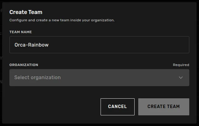 The dialog used to create a new team The dialog used to create a new team
