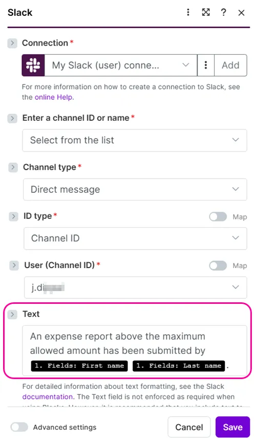 Configure the Slack module to send a message Configure the Slack module to send a message