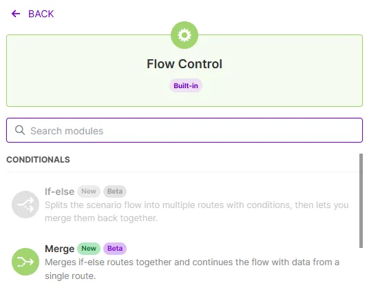 Merge module: Merges if-else routes together and continues the flow with data from a single route. Merge module: Merges if-else routes together and continues the flow with data from a single route.