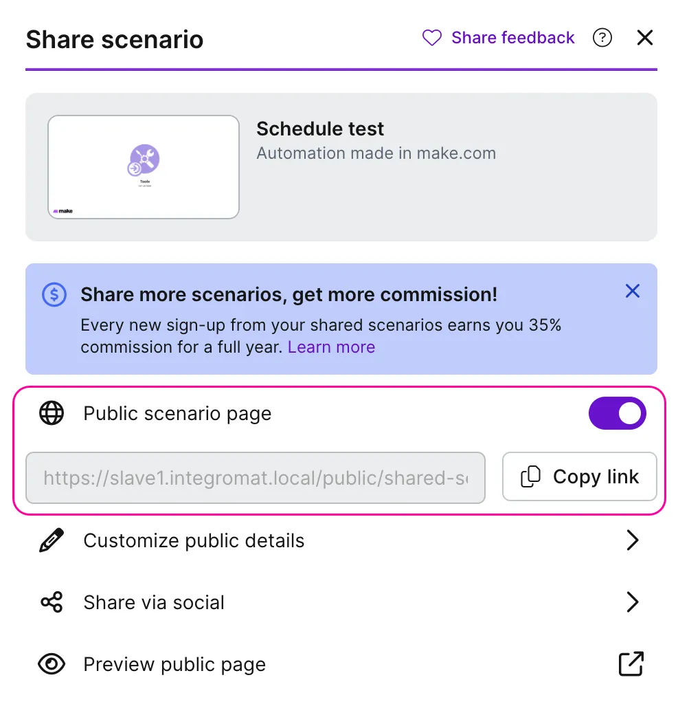 Switch on the Public scenario page toggle.