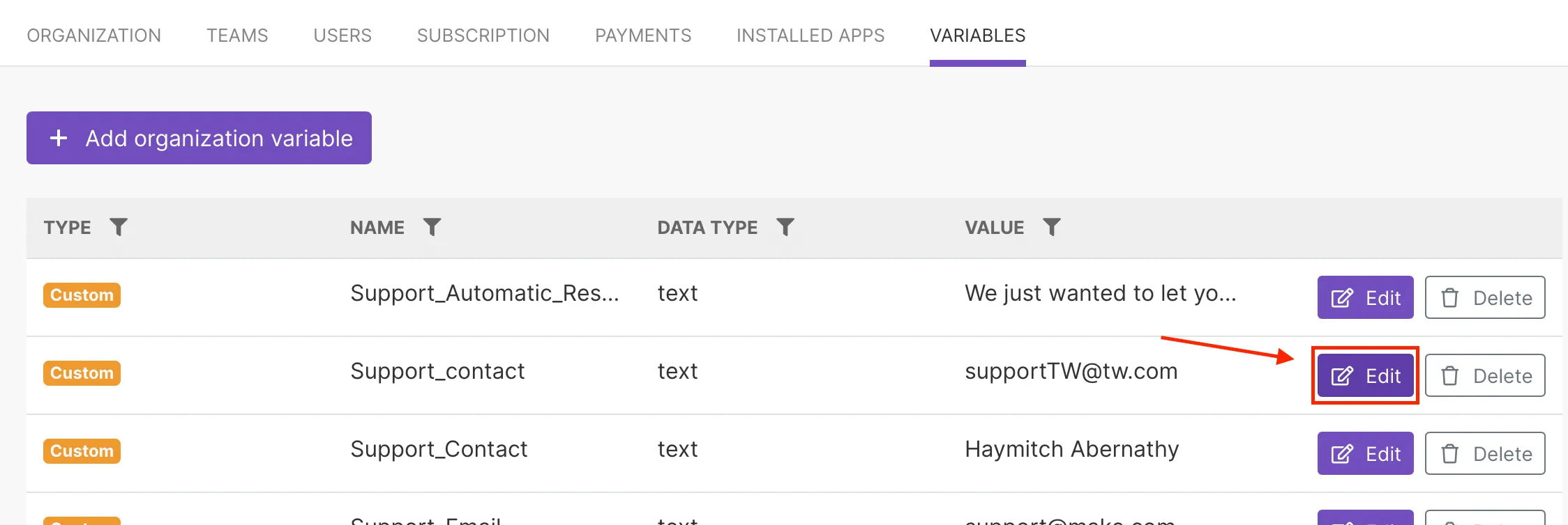 Edit a custom variable