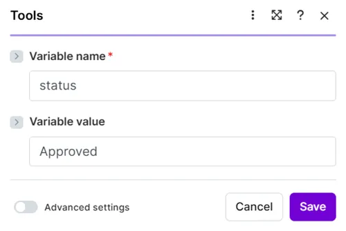 Set a variable to indicate that the expense report is approved. Set a variable to indicate that the expense report is approved.