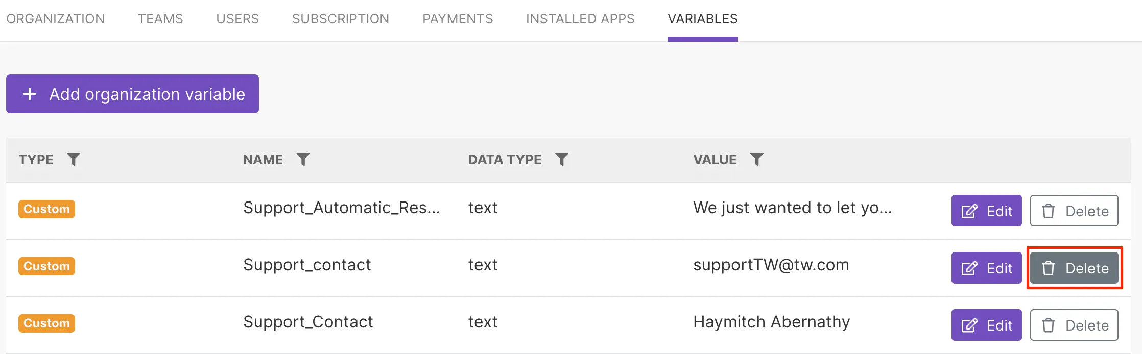 Delete a custom variable
