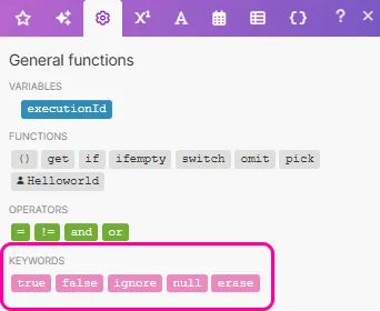General functions - available keywords