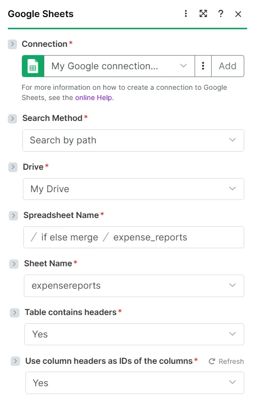 Google Sheets > Add a row module configuration Google Sheets > Add a row module configuration