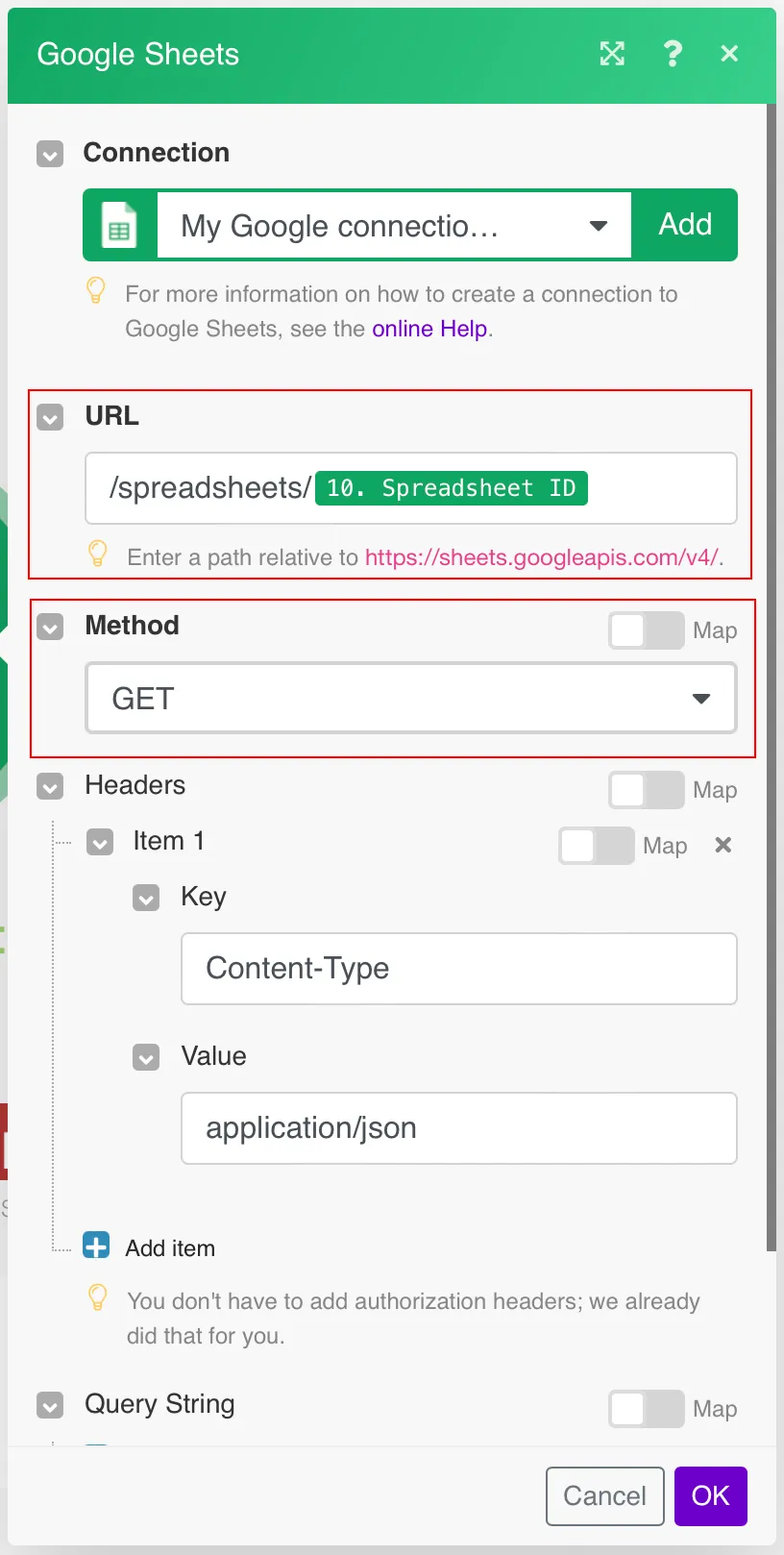 Google Sheets Make an API call