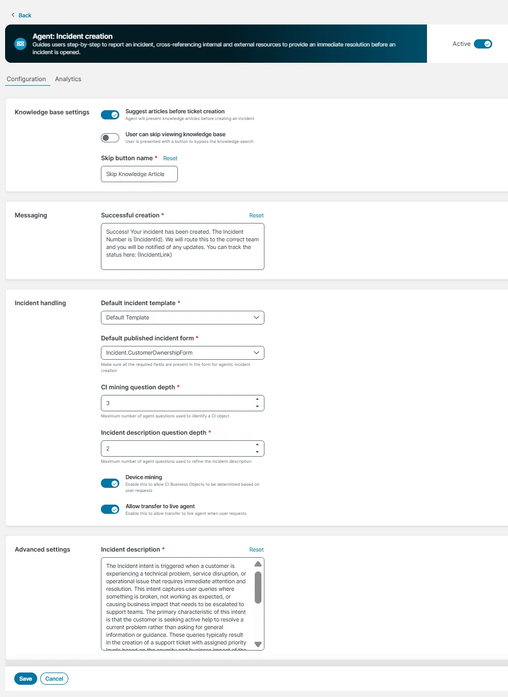 Incident creation agent settings page Incident creation agent settings page