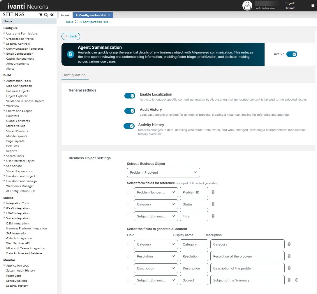 Summarization agent configuration