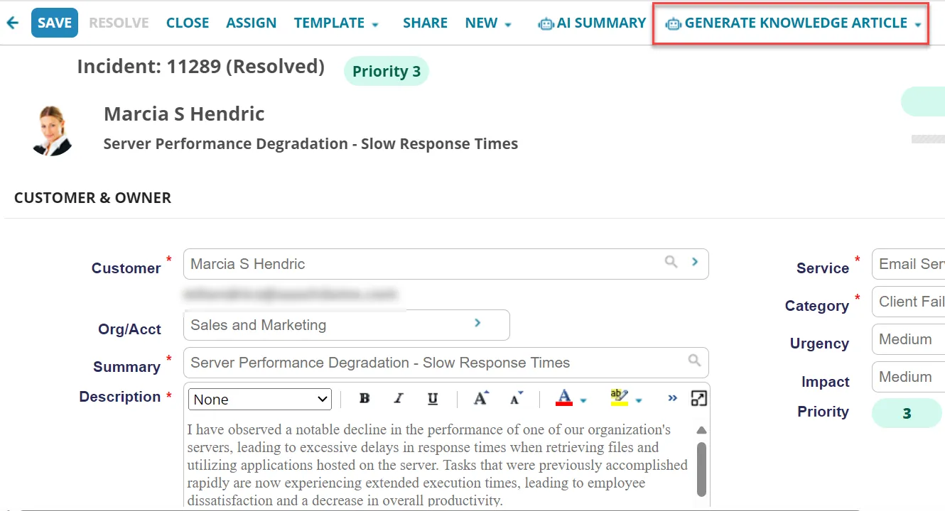 Generate Knowledge Article button in Incident Page Generate Knowledge Article button in Incident Page