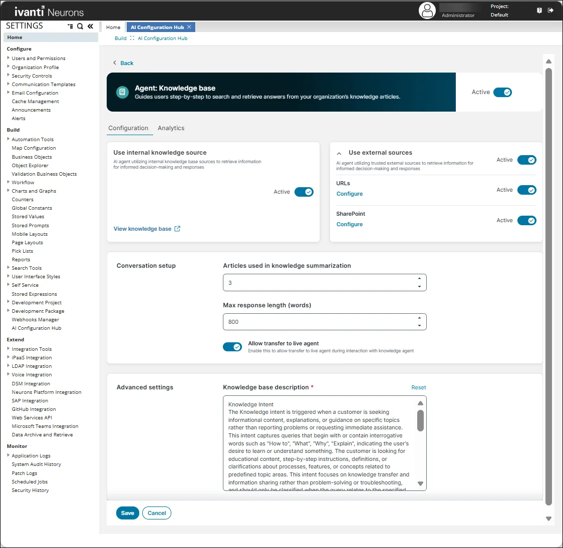 Knowledge base agent settings page Knowledge base agent settings page