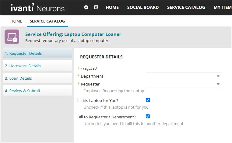 Service request form opened in a web browser Service request form opened in a web browser