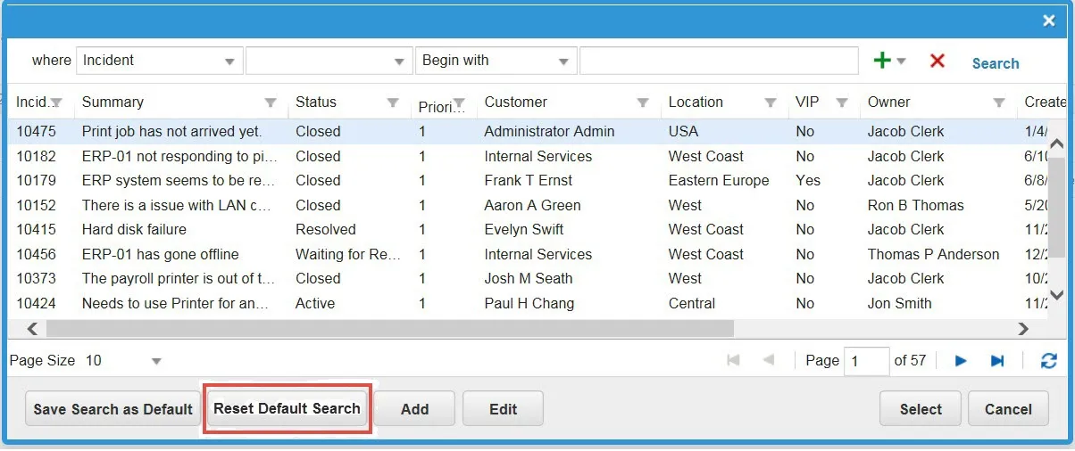 Location of Reset Default Search button Location of Reset Default Search button