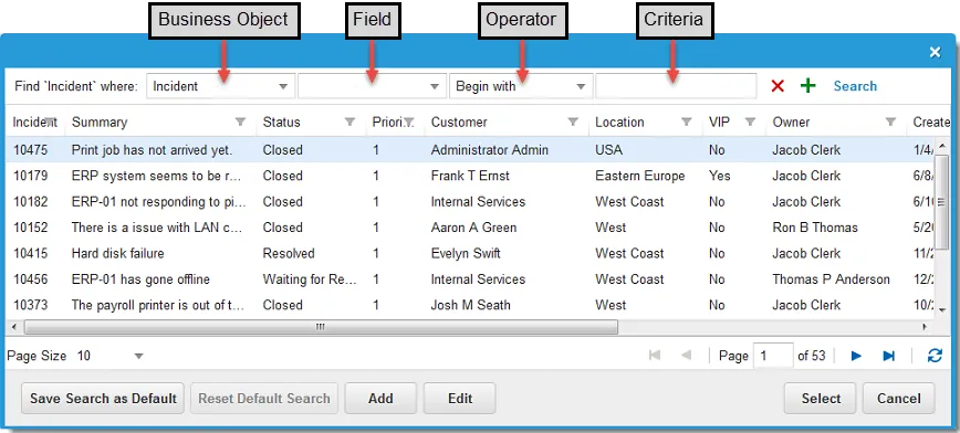 Record search window showing linking fields Record search window showing linking fields