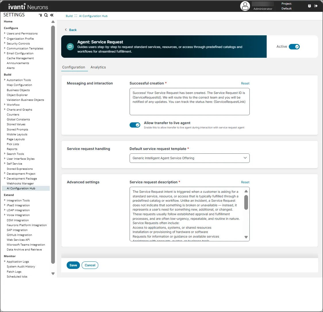 Service request agent configuration page Service request agent configuration page