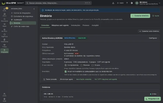 Tela: Diretório e máquinas sem agente (1/2)