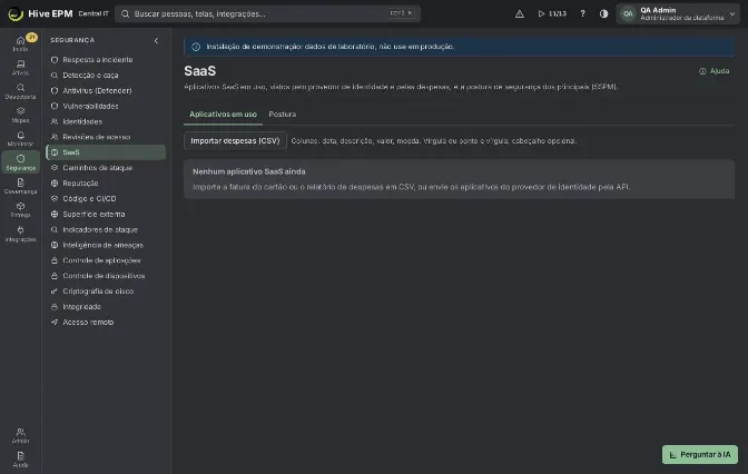 Tela: SaaS em uso e postura
