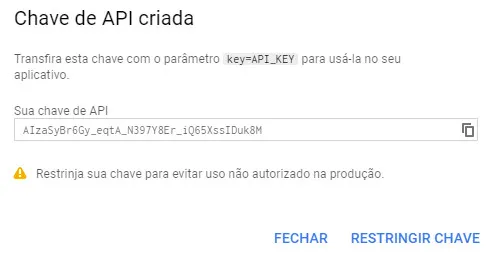 Figura 6 - Tela de Opções de API Key para Criação