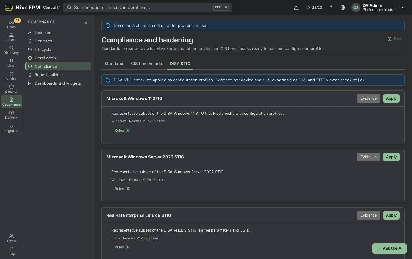 Screen: DISA STIG profiles and checklists Screen: DISA STIG profiles and checklists