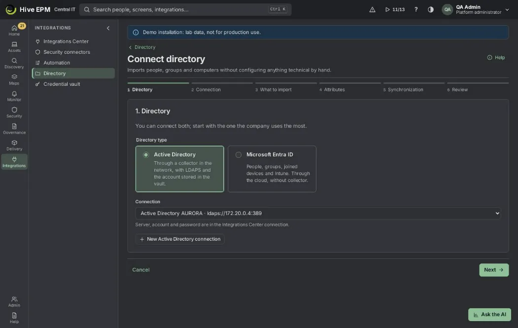 Screen: Step by step: integrate Active Directory