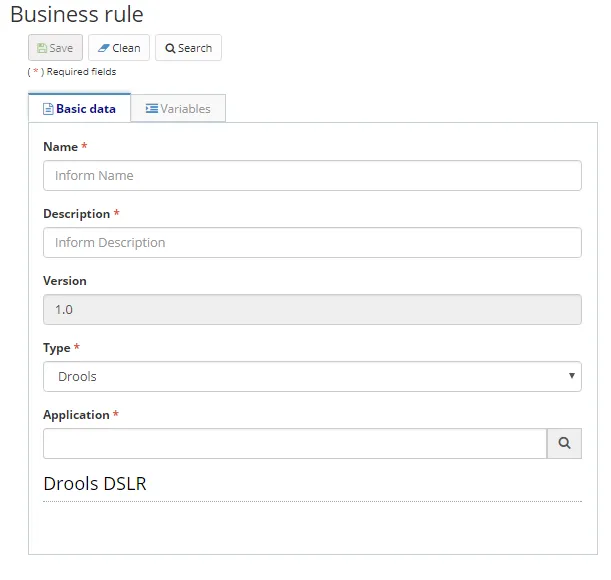 Figure 3 - Drools Business Rule Registration / Editing Screen - Basic data tab