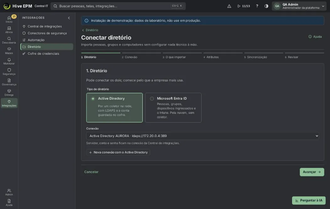 Tela: Passo a passo: integrar o Active Directory Tela: Passo a passo: integrar o Active Directory
