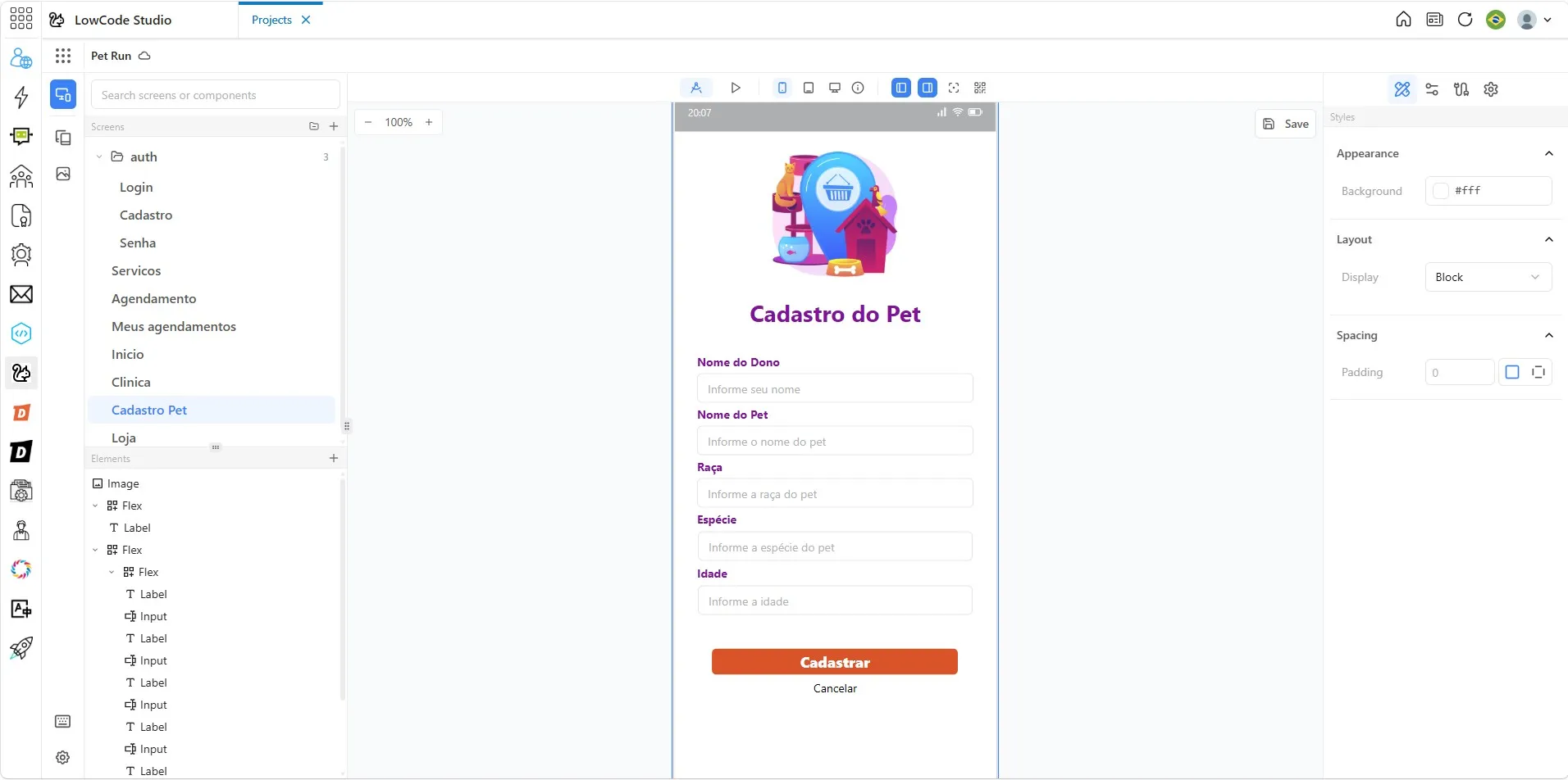Tela LowCode Studio com uma app de pet shopp. Tela LowCode Studio com uma app de pet shopp.