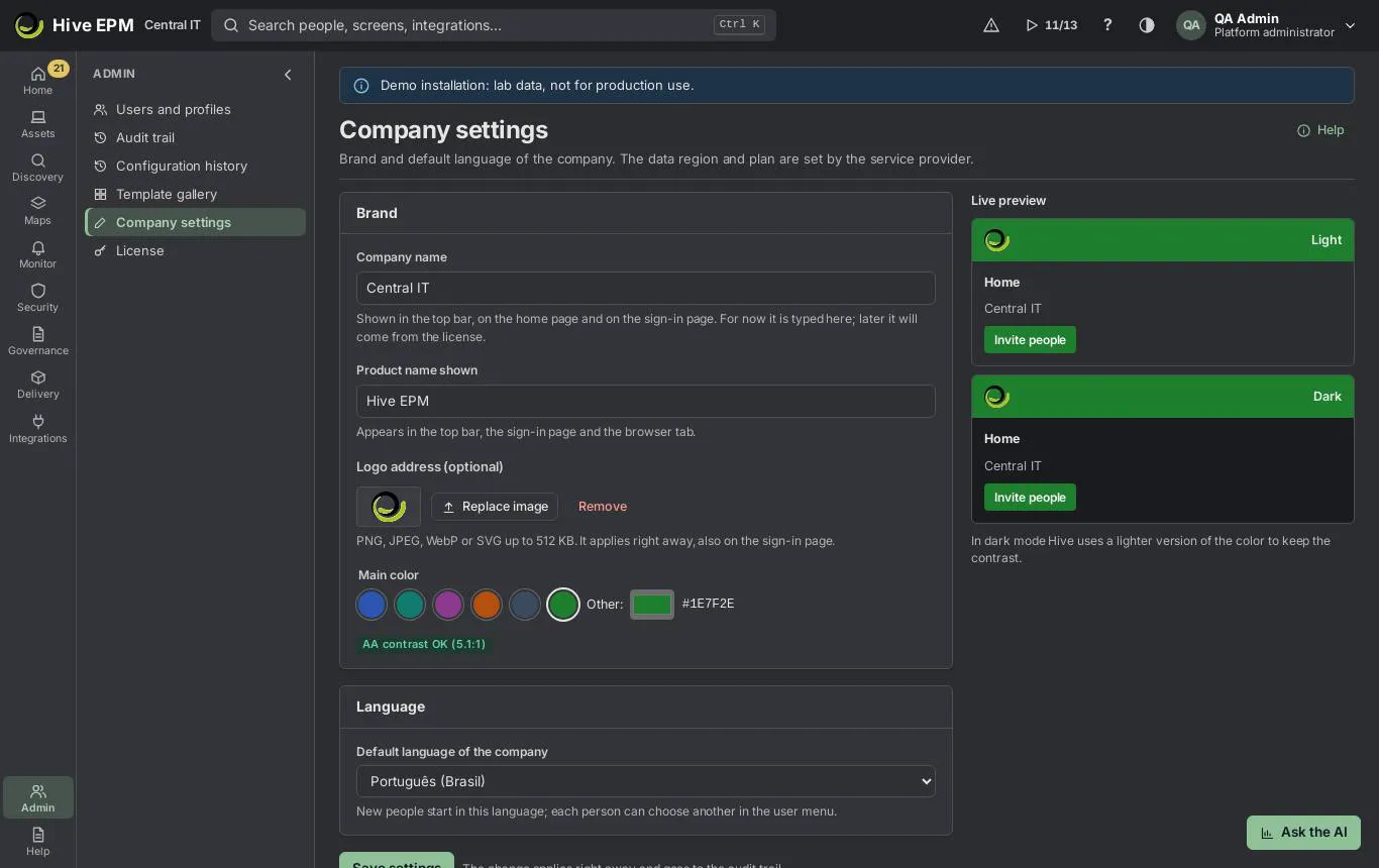 Screen: Company settings and branding Screen: Company settings and branding