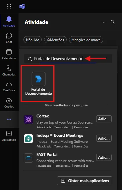 Menu Portal de desenvolvimento