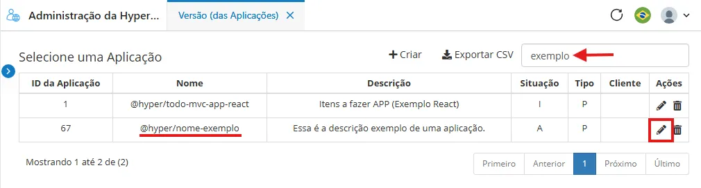 Versões da nova Aplicação