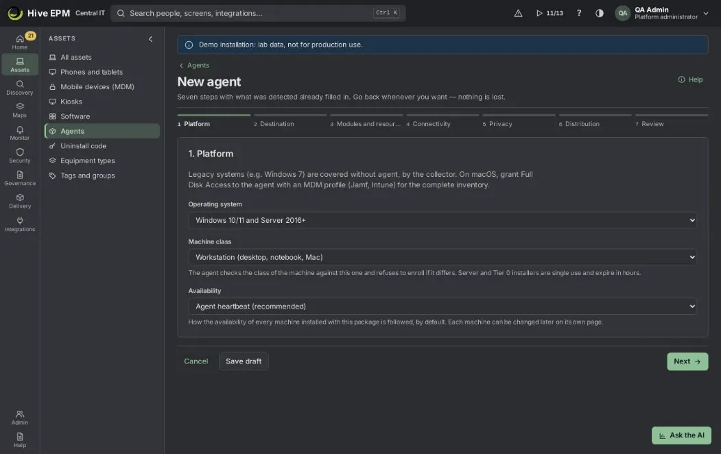 Screen: Step by step: create and install the agent