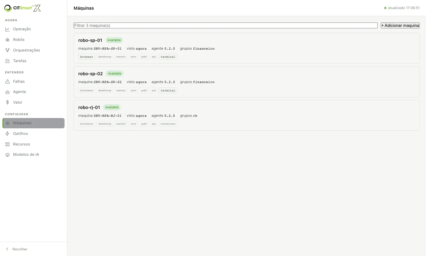 Tela Máquinas com a frota registrada